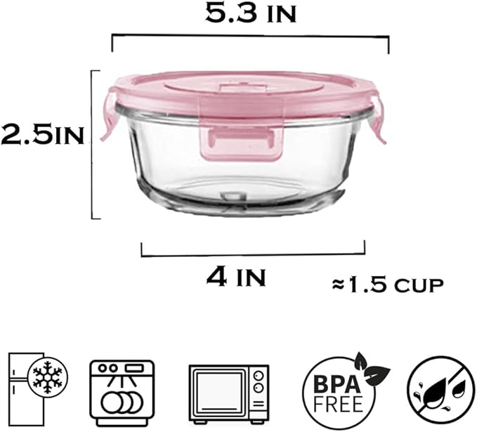 12OZ Round Glass Food Storage Containers With Lids, 1.5 Cup Round Meal Prep Containers with Lid BPA-Free, Small Glass Food Bowl for Soup Leftover, Microwave, Dishwasher, Freezer Safe-4 Pack