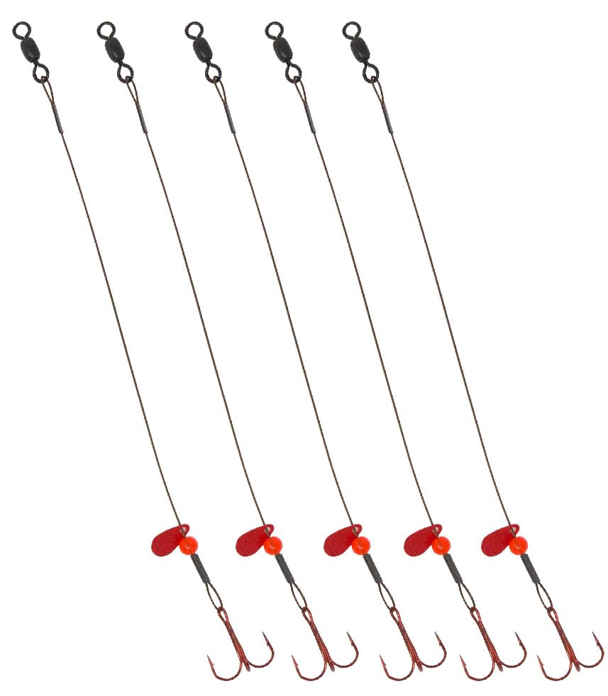 Tooth Shield Tackle Ice Fishing Tip Up Leader Rig (90 lb) Ice Fishing Sucker Walleye Pike Musky Predator Rig (5 Pack) (Camo/Red Bead/Flipper) Made in the USA - size: Hook Size: 4