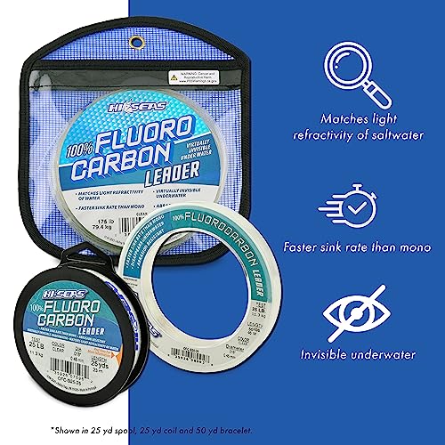 HI-SEAS 100% FLUOROCARBON Fishing LINE Leader - Clear Invisible Leader UNDETECTABLE to Fish, Fast Sinking 6LB-400LB - style: 0.028 in / 0.70 Mm, 50 Lb, 25 Yd
