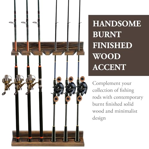 MyGift Fishing Rod Holder, Wall Mounted Burnt Wood Fishing Pole Holders for Garage, Adjustable Vertical Hanging Garage Storage Fisherman Gear Rack Holds 6 Rods, Christmas Gift