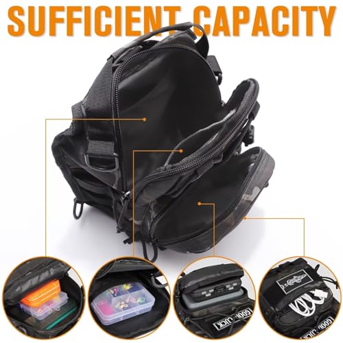 Dovesun Small Fishing Backpack, Waterproof Fly Fishing Sling Pack Tackle Bag with Tackle Boxes - color: C-Size:17.7*8.5*5.7in-Black(NO TACKLE BOX)