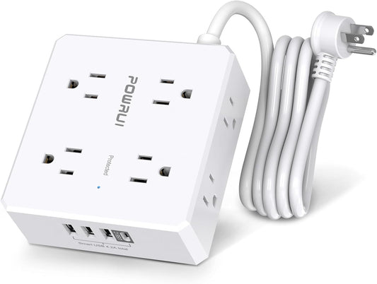 Surge Protector Power Strip - 6 Ft Flat Plug Extension Cord with 8 Widely Outlets and 4 USB Ports(1 USB C), 3 Side Outlet Extender for Home Office, White, ETL Listed