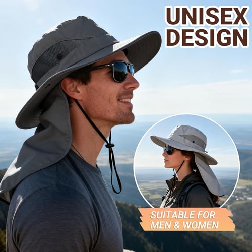 PFFY Sun Bucket Hats for Men Women Fishing Hat UV Protection Wide Brim Beach Safari Hat with Neck Flap - color: Beige (With Neck Flap)