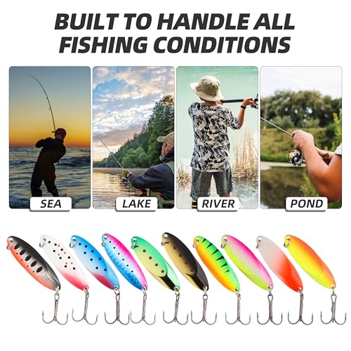Jigging Spoon Fishing Lures, Slant Cut Metal Spoon with Glow, High Flash, Sharp Treble Hooks, Precision Wobble for Bass, Trout, Pike & Walleye - color: New10PCS, size: 1/2oz