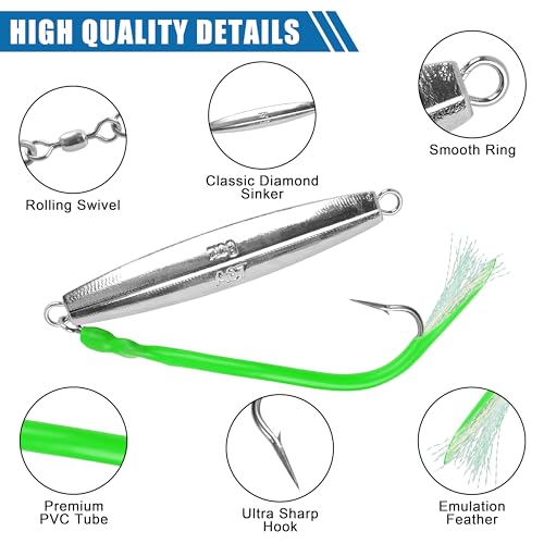 Diamond Jig Saltwater Fishing Lures Casting Jigging Spoon with Tube Tail Stainless Steel Hooks Trolling Lures Striped Bass Metal Jig for Deep Sea Surf Fishing Bottom Dragging Sinking - color: Green, size: 8 oz