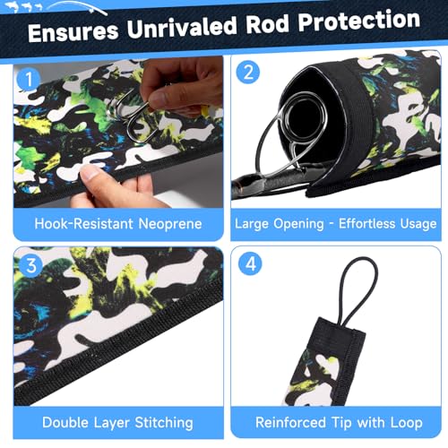 Neoprene Fishing Rod Sleeves for Casting, Spinning, Trolling Pole - Protective Cover Rod Sock with Hanging Loop & Lanyard- Floating, Puncture Resistant, Lightproof - size: 65", style: 8 Pcs
