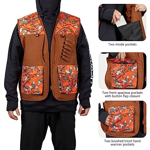 BASSDASH Upland Game Field Water-Resistant Bird Hunting Vest with Multi Pockets Men Women FV11 - color: Brown/Flame Camo, size: Medium