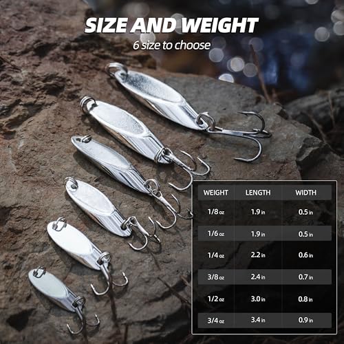 Jigging Spoon Fishing Lure Set 6-Pack Metal Saltwater & Freshwater Casting Spoon Hooks Premium Durable Treble Hooks for Bass, Salmon & Trout Fishing - size: 1/4 oz