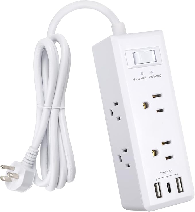 Clear Power 6-Outlet Surge Protector Power Strip with 3 USB Ports(1 USB-C), 5ft Power Cord, Flat Plug, Multi Outlets on 3 Sides, Desktop Charging Station, White, DC3S-1106-DC