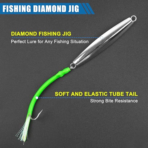 Diamond Jig Saltwater Fishing Lures Casting Jigging Spoon with Tube Tail Stainless Steel Hooks Trolling Lures Striped Bass Metal Jig for Deep Sea Surf Fishing Bottom Dragging Sinking - color: Green, size: 3 oz