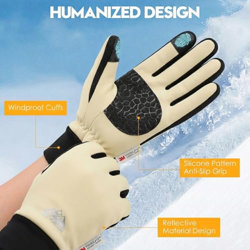 Bruvoalon Winter Gloves for Women & Men, 3M Thermal Insulation, Lycra Fabric, Touchscreen, Anti-Slip - color: Beige, size: X-Large