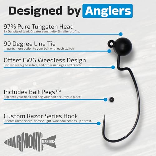 Harmony Fishing - Tungsten Offset Weedless Ned Rig Jigheads (5 Pack) - size: 1/16oz (5 Pack)