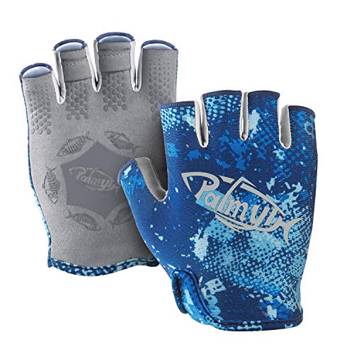 Palmyth Stubby UV Fishing Gloves Sun Protection Fingerless Glove Men Women UPF 50+ SPF for Kayaking, Paddling, Canoeing, Rowing, Driving - color: Blue Camo, size: Small