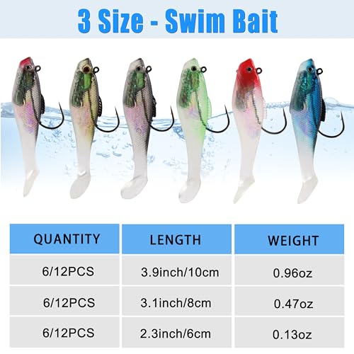 Pre-Rigged Swimbaits, 6/12pcs Paddle Tail Swim Baits Swim Shad Jig Head Fishing Lures Soft Plastic Swimbaits for Bass Trout Walleye Crappie - size: 3.93inch/0.96oz, style: 6pcs