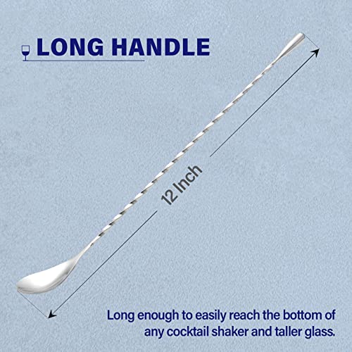 Briout Bar Spoon Cocktail Mixing Stirrers for Drink, Stainless Steel 12 Inches Long Handle, Silver 2 Pieces