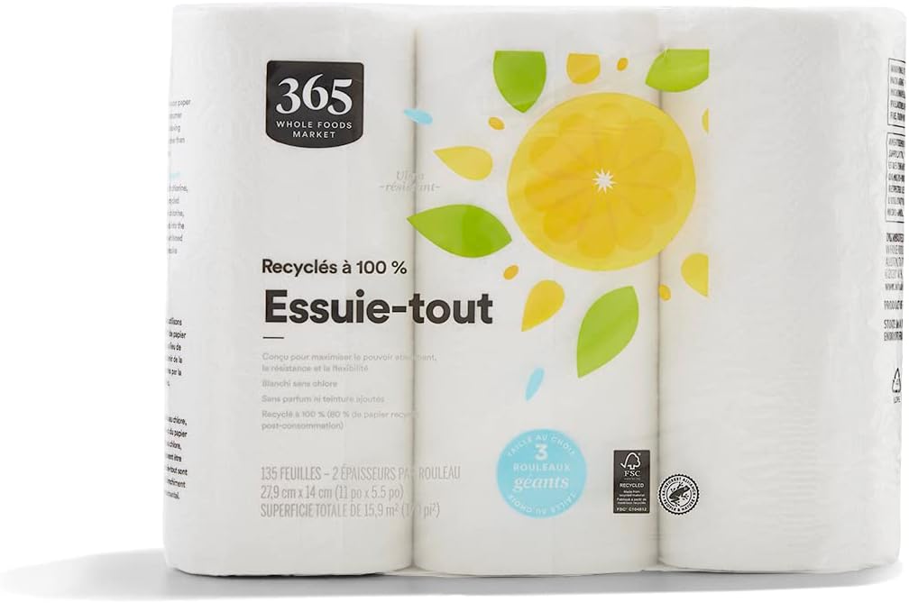 365 by Whole Foods Market, 100% Recycled Jumbo Paper Towels, Ultra-Strong, 135 Sheets per Roll, 3 Count