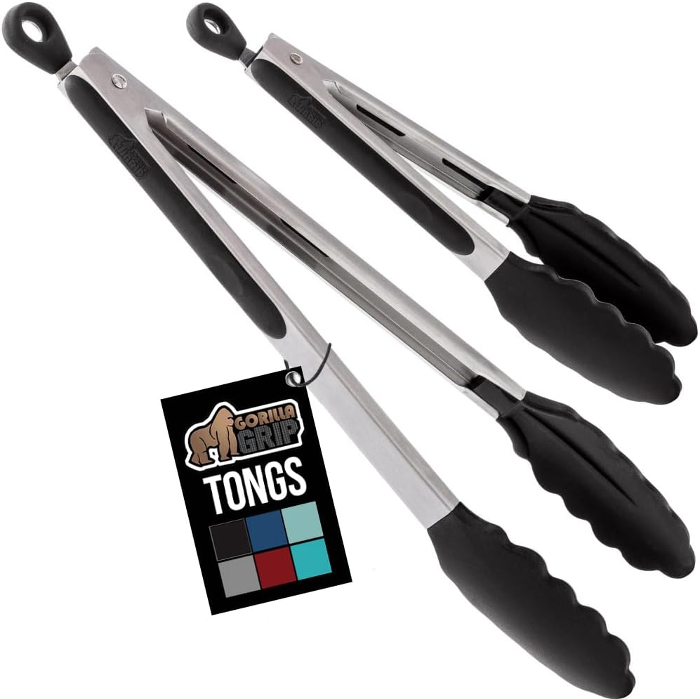 GORILLA GRIP Stainless Steel Heat Resistant Kitchen Tongs for Cooking, Set of 2 BBQ Tong, Non Scratch Silicone Tip for Pans, Strong Grip, Grab Food, Toss Salad, Air Fryer, Pull Lock, 7 + 9 Inch, Black