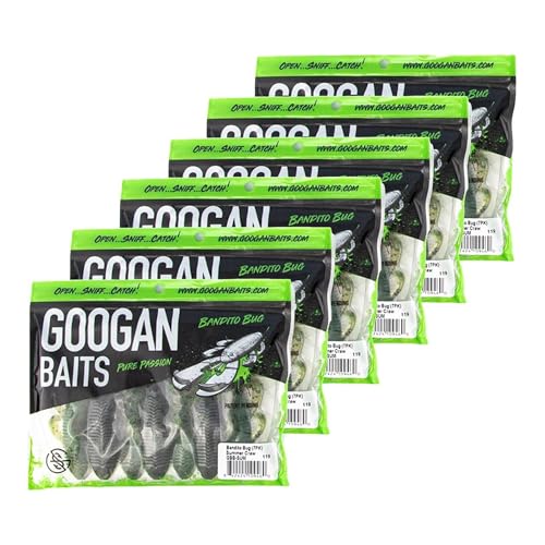 Googan Squad Bandito Bug Fishing Lures – Soft Bait for Bass Fishing, Swim Baits with Unique Kicking Action, Saltwater and Freshwater Fishing Gear, Pack of 6 (4 inches) - color: Green Pumpkin Purple