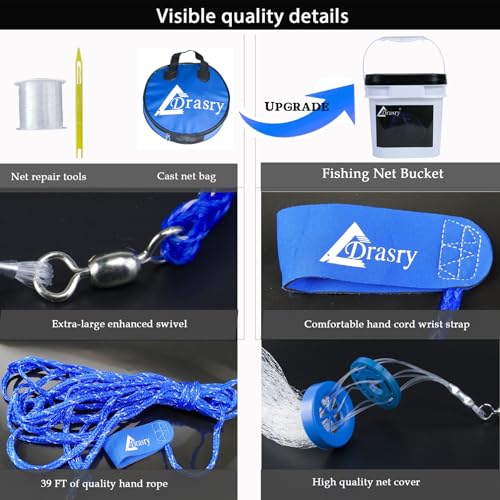 Drasry Saltwater Fishing Cast Net for Bait 3/8 1/4 or 1/2 with Heavy Sinkers Fish Trap Throw Net. Size 3ft/4ft/5ft/6ft/7ft/8ft/9ft/10ft Radius Freshwater Nets - size: 4FT (120cm) Radius, style: Lead Sinkers-3/8mesh-0.3mm Mono