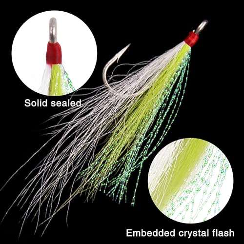 Bucktail Teasers Fishing Hooks Saltwater Flounder Rig Bucktail Mylar Teasers Inserted Stainless Steel Fishing Teaser Hooks for Striped Bass Trout Catfish Cod Flounder Hi/Lo Rig Jigs Spoons Lures - color: Green, size: 6pcs