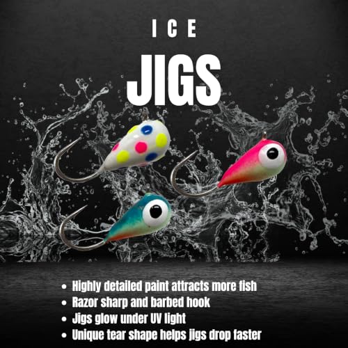 Reaction Tackle Tungsten Ice Fishing Jigs, Tear Drop Jig Heads that Glow with UV Light for Panfish, Crappie, Walleye, Perch, Trout and Bluegill - color: 10-pcs Variety Pack, size: 3 mm