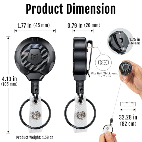 MNGARISTA Upgraded Heavy Duty Retractable Keychain with Belt Clip, 10 OZ Retraction, 31.5" Stainless Steel Cord, 3K Carbon Fiber ID Badge Reel with Badge Strap and Key Ring - color: Black Keychain 1 Pcs