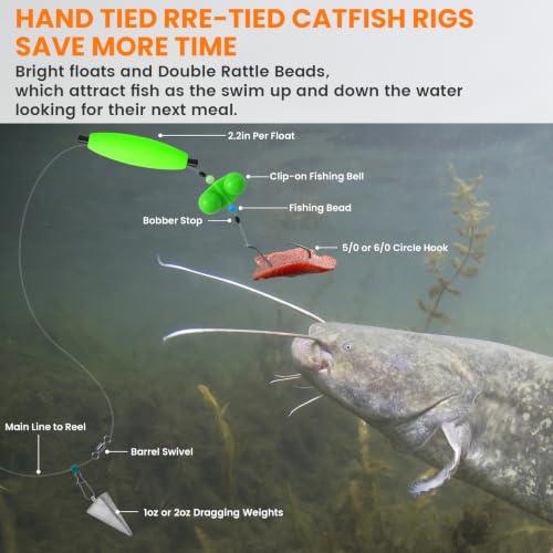 Catfish Rigs Catfish Float Rigs Catfishing Tackle Santee Rig 5/0 6/0 Circle Hooks for Peg Floats Catfish - size: 6/0 HOOK * 6PCS with Weight 2 oz