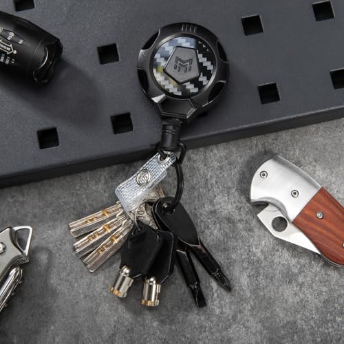 MNGARISTA Upgraded Heavy Duty Retractable Keychain with Belt Clip, 10 OZ Retraction, 31.5" Stainless Steel Cord Key Chain, 3K Carbon Fiber ID Badge Reel Holder with Badge Strap and Key Ring, 4 Pack - color: Black Keychain 4 Pcs