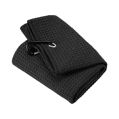 PATIKIL 24"x16" Tri-Fold Golf Towels, Waffle Pattern Towels Soft Fiber Strong Water Absorption with D Clip for Golf Lovers, Black - color: Black, size: 24"x16"