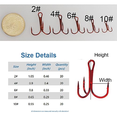 20pc/Box Fishing Treble Hooks Set High Carbon Steel Fishing Hooks Classic Round Bend Hook 2# 4# 6# 8# 10# - color: Red, size: 4#-20pcs