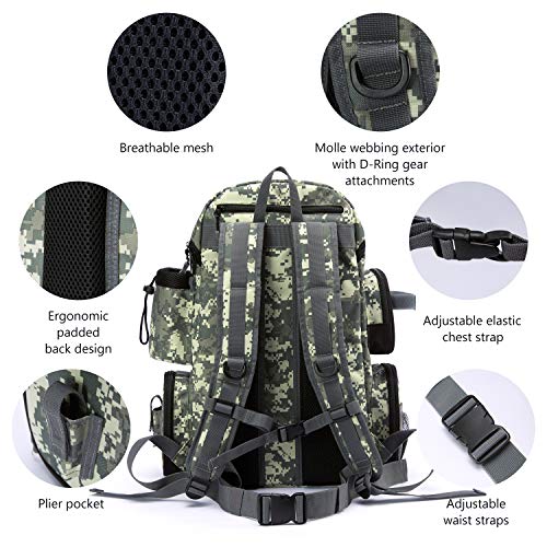BASSDASH Fishing Tackle Backpack Water Resistant Tactical Bag Soft Tackle Box with Rod Holder and Protective Rain Cover - color: Jungle Camo Backpack [3600] With 3 Trays