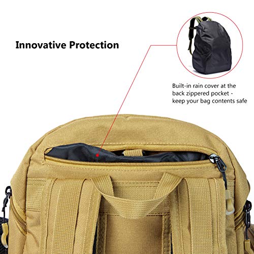 BASSDASH Fishing Tackle Backpack Water Resistant Tactical Bag Soft Tackle Box with Rod Holder and Protective Rain Cover - color: British Khaki Backpack [3600] Without Trays