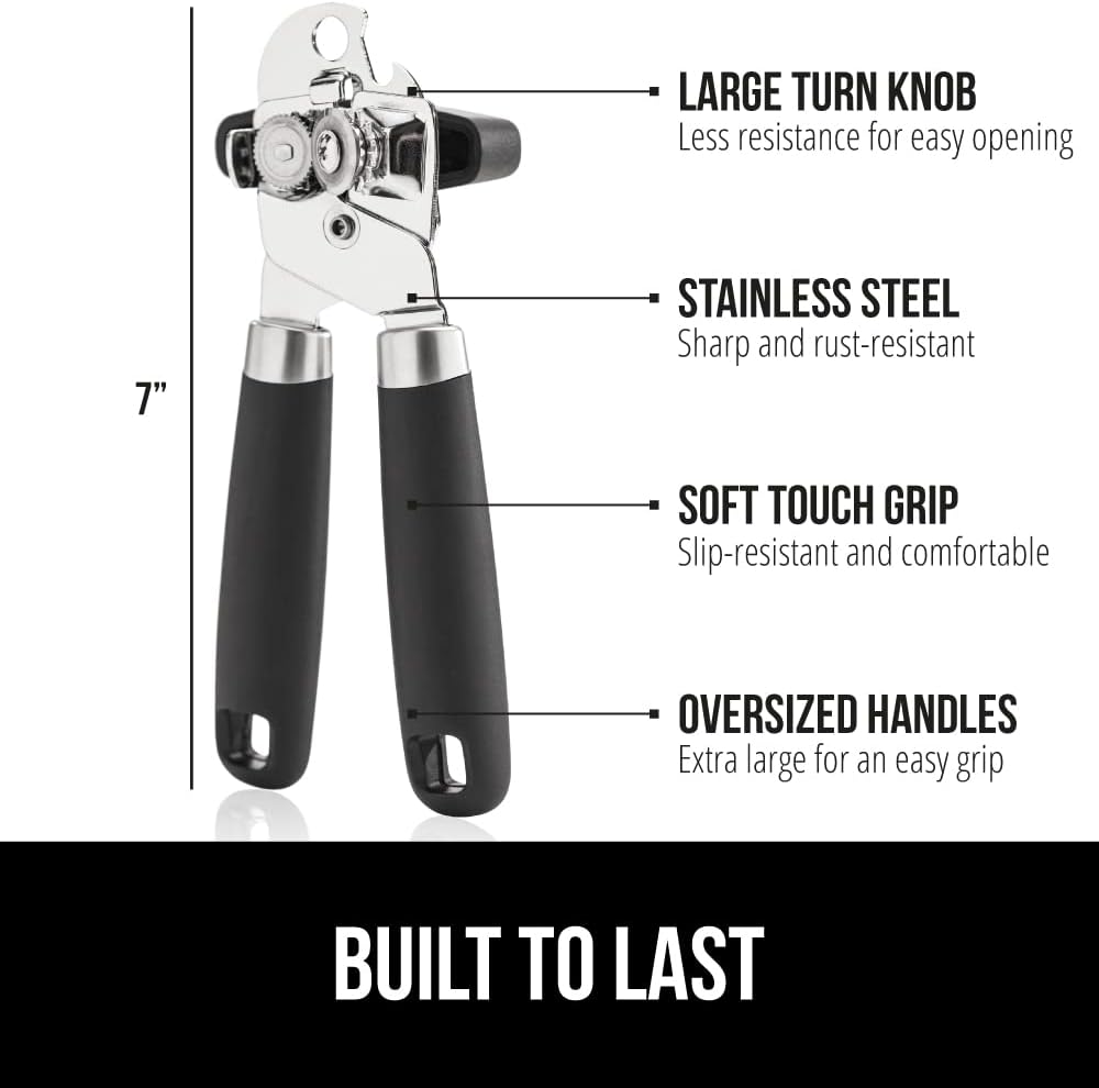 GORILLA GRIP Heavy Duty Stainless Steel Smooth Edge Manual Can Opener, Soft Comfortable Handle, Large Handheld Turn Knob, Built-In Bottle Openers, US Designed, Holiday Prep Kitchen Essential, Black