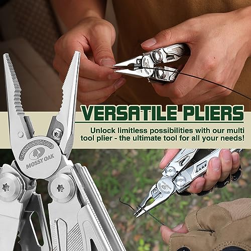 MOSSY OAK 19-in-1 Multitool Pliers Stainless Steel Self-Locking | Includes fire starter, window breaker, whistle, and sheath for camping, hiking, survival, and outdoor adventures - style: 19-in-1 Self-Locking EDC Tool