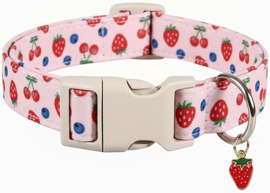 Girl Dog Collar, Cute Dog Collar for Medium Dogs with Cute Strawberry, Cherry and Blueberry Print, Pink Collar for Dogs with Quick-Release Buckle and Robust D Ring, M