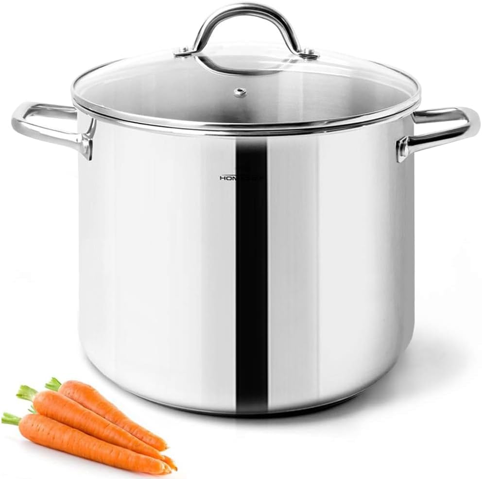 HOMICHEF 10 Quart Stock Pot With Glass Lid - Nickel Free Stainless Steel 10 Qt Pots With Handle - Mirror Polished StockPot 10 Quart - Induction Cooking Pots With Lid - Healthy Soup Pot