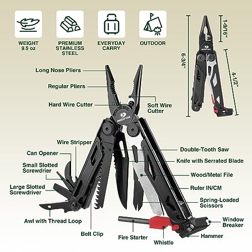 MOSSY OAK 19-in-1 Multitool Pliers Stainless Steel Self-Locking | Includes fire starter, window breaker, whistle, and sheath for camping, hiking, survival, and outdoor adventures - style: 19-in-1 with Fire Starter & Whistle