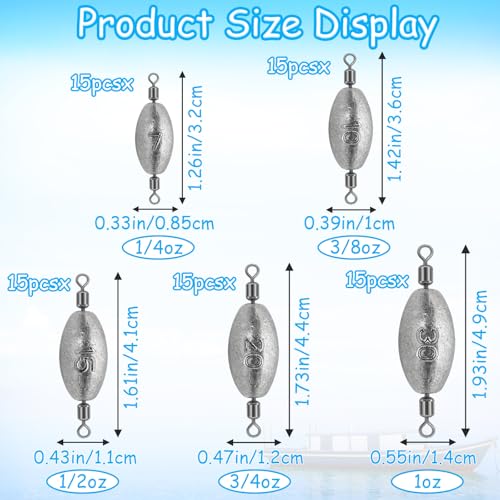 15Pcs Fishing Weights Sinkers Inline Trolling Sinkers with Inner Swivels | Egg Sinkers Oval Drop Shot Weights Lead for Saltwater Freshwater Fishing - size: 1/2oz-15Pcs