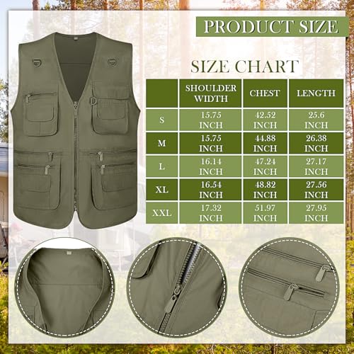 Janmercy 2 Pieces Men's Work Fishing Vest with Hat Lightweight Safari Travel Hunting Waistcoat With Multi Pockets Fishing Hat - color: Army Green, size: XX-Large