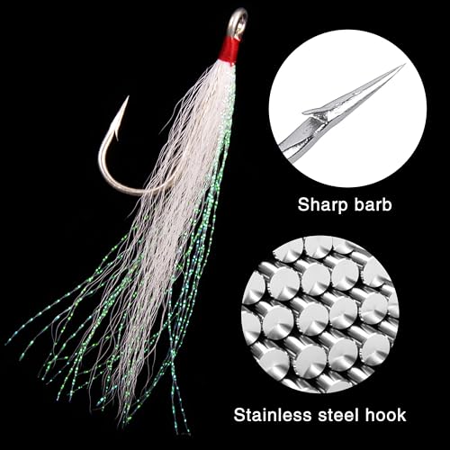 Bucktail Teasers Fishing Hooks Saltwater Flounder Rig Bucktail Mylar Teasers Inserted Stainless Steel Fishing Teaser Hooks for Striped Bass Trout Catfish Cod Flounder Hi/Lo Rig Jigs Spoons Lures - color: White, size: 12pcs