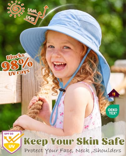 Home Prefer UPF50 Wide Brim Kids Sun Hat Neck Flap Boys Girls Sun Protection Hat for Beach Fishing - color: Light Blue, size: 2-4T