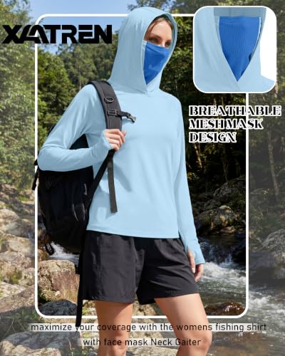 Xaatren 3 Pack Women's UPF 50+ Sun Hoodies with Face Mask Thumb Holes Quick Dry Fishing Shirts UV Protection Hiking Shirt - color: Black, Gray, Blue, size: X-Large