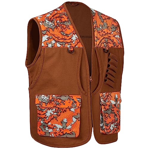 BASSDASH Upland Game Field Water-Resistant Bird Hunting Vest with Multi Pockets Men Women FV11 - color: Brown/Flame Camo, size: 3X-Large