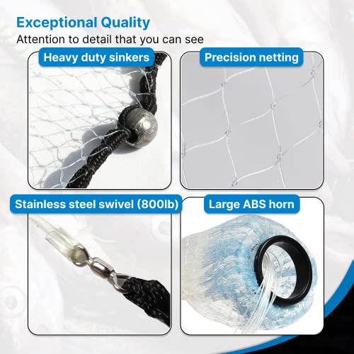 BasicGear Pancake Cast Net – Heavy-Duty 1.0+ lb/ft Weights, 4ft to 12ft Radius, Multiple Mesh Sizes, Pro Grade, Freshwater & Saltwater - size: 10ft Radius, style: 1.25 Lb, 1/4" Sq Mesh