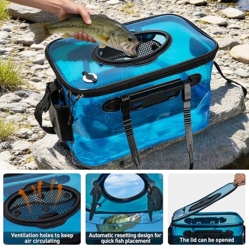 Foldable Transparent Fishing Bucket, 6 Gallon Foldable Bait Bucket, Live Fish Container Multi-Functional Bucket, Live Bait Bucket for Saltwater, Camping, Moving (23l/6Gallon with Aerator) - size: 6Gallon with Aerator