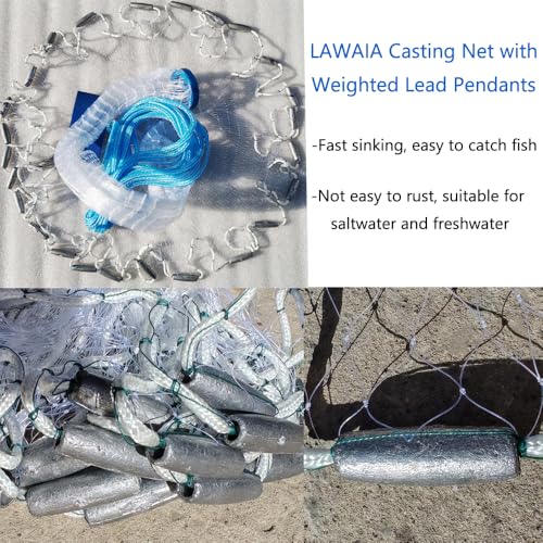 Lawaia Cast Net with Lead Sinkers Fishing Throw Nets Hand Castnet Shrimp Bait Traps 1/2 inch Mesh for Freshwater Saltwater with 3ft/4ft/5ft/ 6ft/ 7ft/ 8ft/ 9ft/ 10ft/ 11ft/ 12ft Radius - size: 10FT Radius