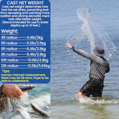 Fishing Cast Net Saltwater Casting Net 3/8 Mesh with Heavy Duty Black Weights Monofilament Throw Nets for Fishing Bait with Bag 4FT 5FT 6FT 8FT 10FT 12FT Radius - size: 3/8 Mesh, 10Ft