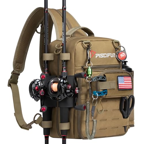 Piscifun Fishing Tackle Backpack, 3-Way Carry with Rod Holders | 16 smart pockets, 2 rod holders, Rain cover, Breathable back support, Convertible sling/waist/backpack carry - color: Khaki