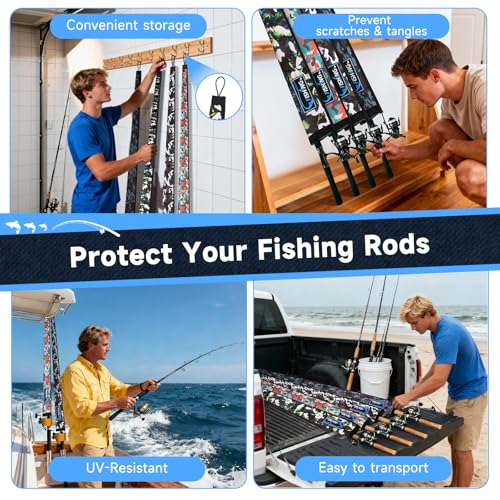 Neoprene Fishing Rod Sleeves for Casting, Spinning, Trolling Pole - Protective Cover Rod Sock with Hanging Loop & Lanyard- Floating, Puncture Resistant, Lightproof - size: 58", style: 8 Pcs