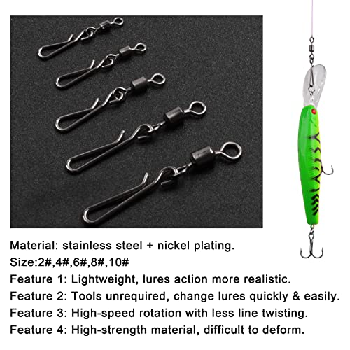 AGOOL Fishing Swivels Snaps Fishing Quick Clips, 60/200pcs Rolling Barrel Swivels with Quick Clips Snaps Swivels High Strength Speed Clips Connector Freshwater Saltwater Fishing Tackle - color: 10#-60pcs